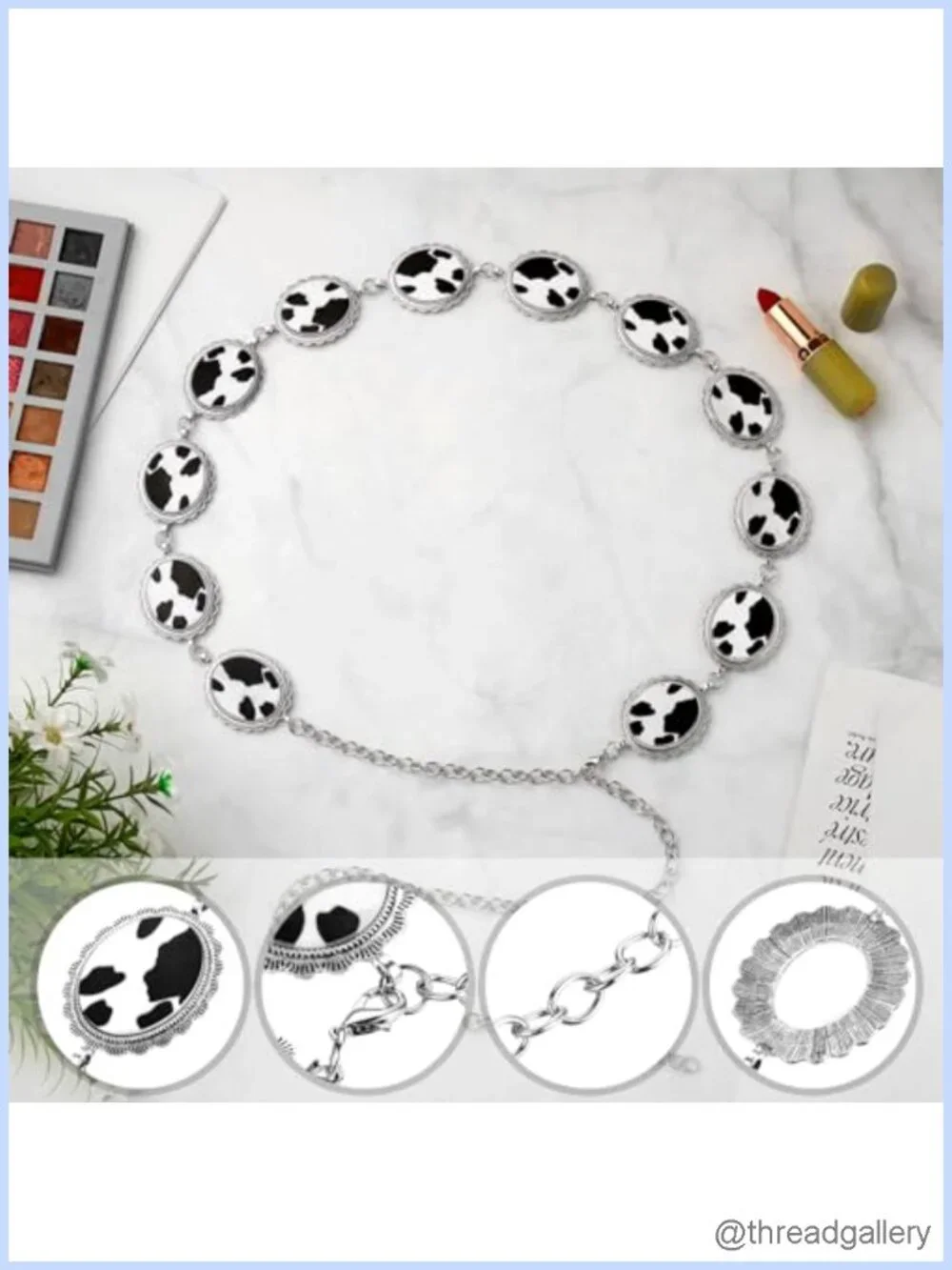 Western Cow Print Chain Belt with Metal Buckle Adjustable